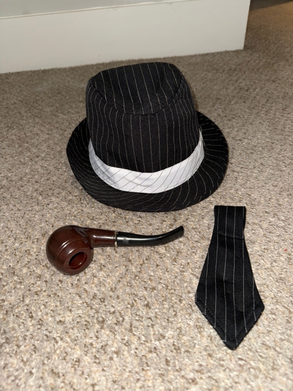 Black Pinstripe Fedora with White Band, Matching Tie, & Plastic Pipe